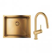 Grohe K700U rustfri stålvask inkl. Grohe New Minta køkkenarmatur m/udtræk - Børstet cool sunrise