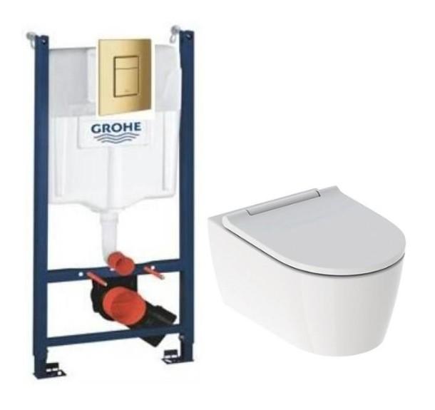 Geberit ONE RIMLess toiletpakke inkl. s&aelig;de m/soft-close, cisterne og b&oslash;rstet messing betjening
