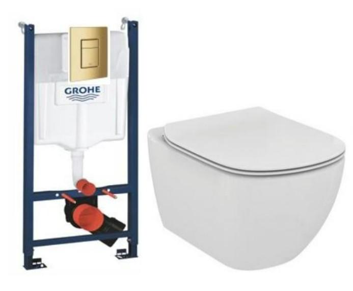 Ideal Standard Tesi RIMless+ toiletpakke inkl. s&aelig;de m/softclose, cisterne og messing betjening