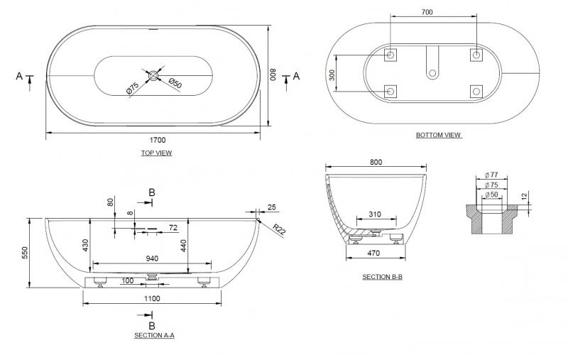 Ideavit Solidera fritst&aring;ende badekar 1700 x 800 mm - Mat hvid