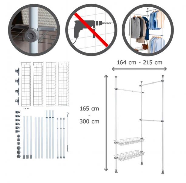 Wenko Hercules teleskopsystem Duo til garderobe 164-215 cm - Hvid/Gr&aring;