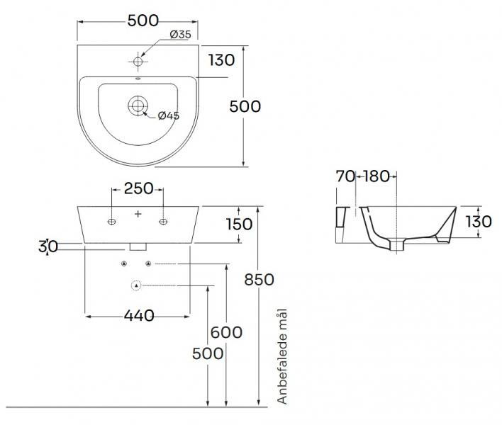 Lavabo Forma 50 h&aring;ndvask t/v&aelig;g eller m&oslash;bel - 1 hanehul - Cocoa