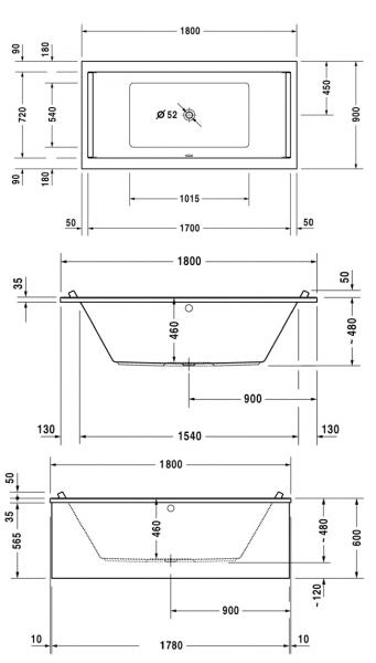 Duravit Starck badekar t/indbygning - 180 x 90 - 2 rygl&aelig;n