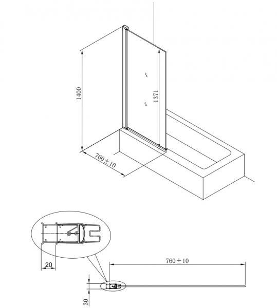 Alterna svingbar brusev&aelig;g til badekar 750x1400mm - Krom