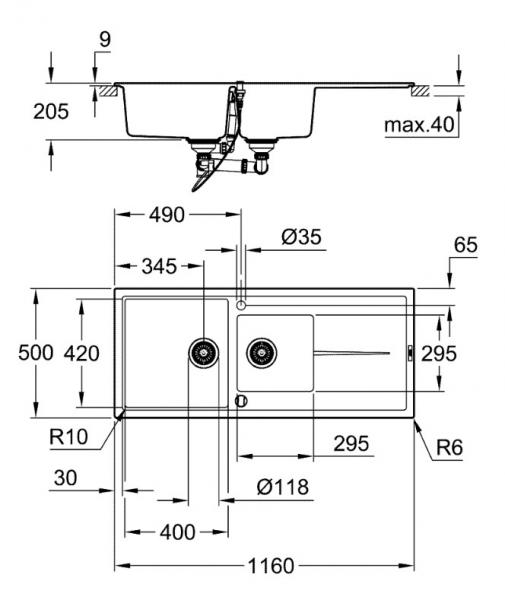 Grohe K400 80-C dobbelt k&oslash;kkenvask m/afl&oslash;bsbakke - Sort granit