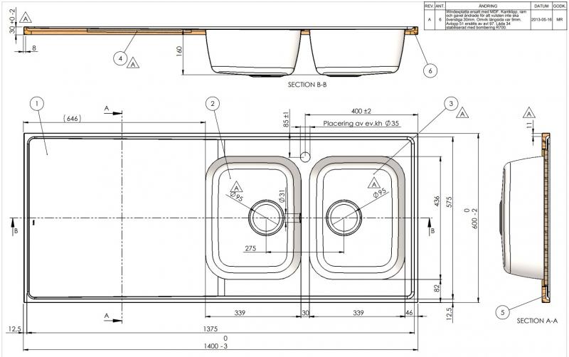 Intra AH14-KV st&aring;lbordplade k&oslash;kkenvask - Vendbar - Dobbelt - 140 cm