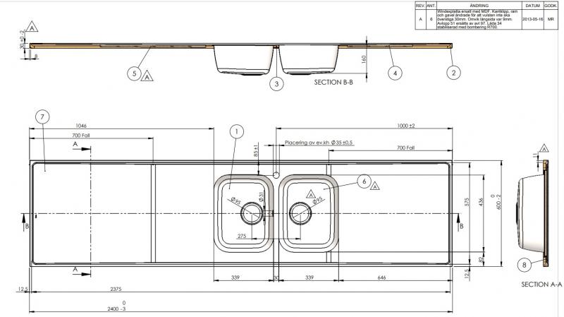 Intra AH24-KV st&aring;lbordplade k&oslash;kkenvask - Vendbar - Dobbelt - 240 cm