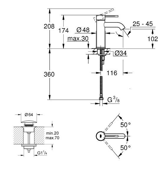 Grohe Essence New h&aring;ndvaskarmatur m/push-open bundventil - B&oslash;rstet cool sunrise