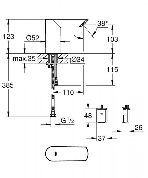 Grohe Bau Cosmopolitan E ber&oslash;ringsfri vandhane m/batteri u/blandefunktion