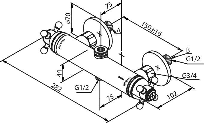 Damixa Tradition termostatarmatur med 3/4" afgang op og &frac12;" afgang ned