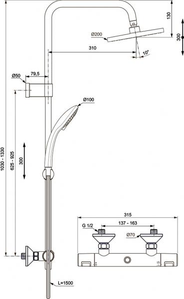 Ideal Standard Idealrain T25 Flex komplet brusesystem &Oslash;200 - Krom