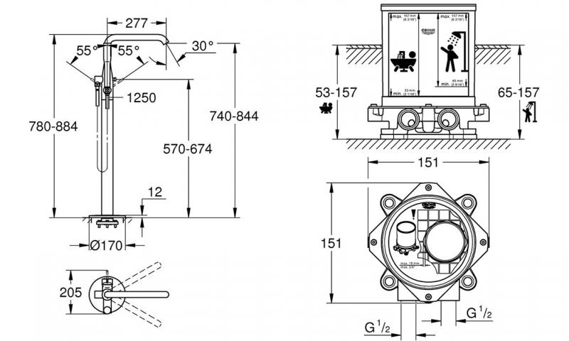 Grohe Essence komplet fritst&aring;ende badekararmatur - B&oslash;rstet Cool Sunrise