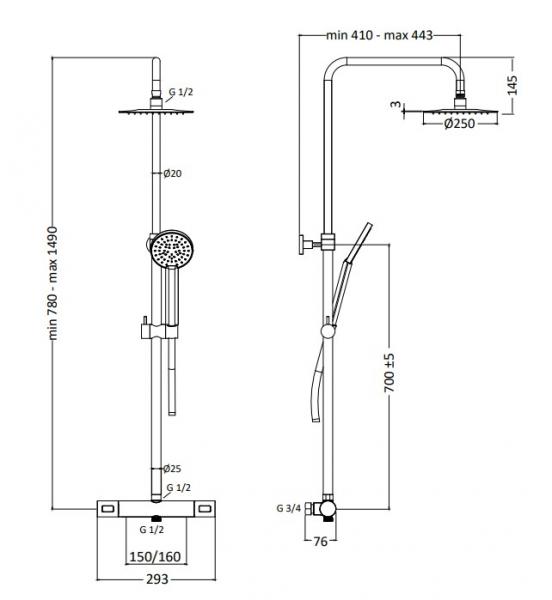 Hafa Mix Slim Round komplet brusesystem - &Oslash;250 mm - Krom