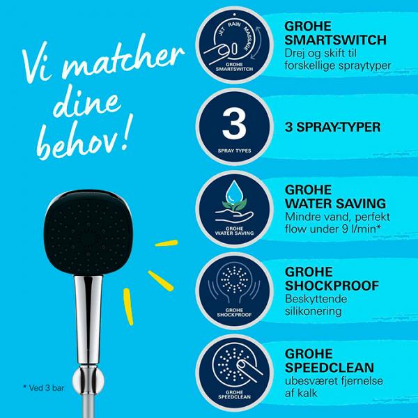 Grohe Vitalio Comfort 110 brusesæt 3 sprays m/vægholder & Water Saving Grohe Vitalio Comfort 110 brusesæt 3 sprays m/vægholder & Water Saving