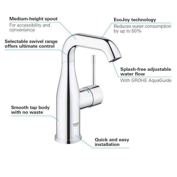 Grohe Essence New M h&aring;ndvaskarmatur u/bundventil m/svingtud - Krom